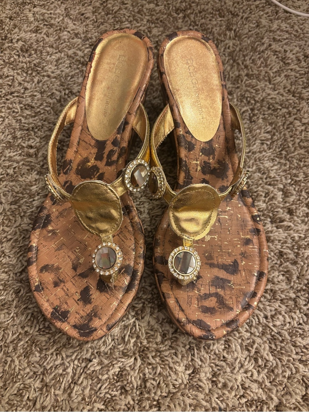 BCBGeneration Gold Leopard-Print Wedge Sandals with Jewel Accents